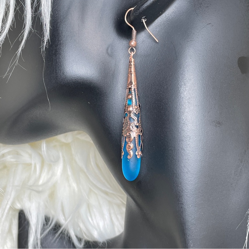 Artisan Boho Elegant Brilliant Blue Frosted Glass Antique Copper Drop Earrings - Picture 11 of 11